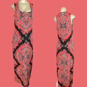 Donna Morgan 12 Coral-Brown Floral Print Scoop Neckline Sleeveless Maxi Dress
